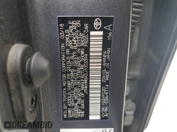 2018 Toyota C-HR XLE z VIN JTNKHMBX2J1003394, wystawiony jako Copart lot #58234865 z przebiegiem 132 574 mil mil oraz Szkoda całkowita • Salvage title. Historia ofert i sprzedaży dostępna na DreamBid. Obrazek 12.