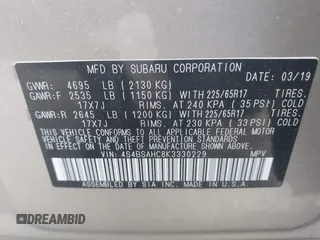 2019 Subaru Outback Premium with VIN 4S4BSAHC8K3330229, listed as a IAAI auction lot 42553018 with 90,860 mi miles and . Bid and sale history available at DreamBid. Image 9.