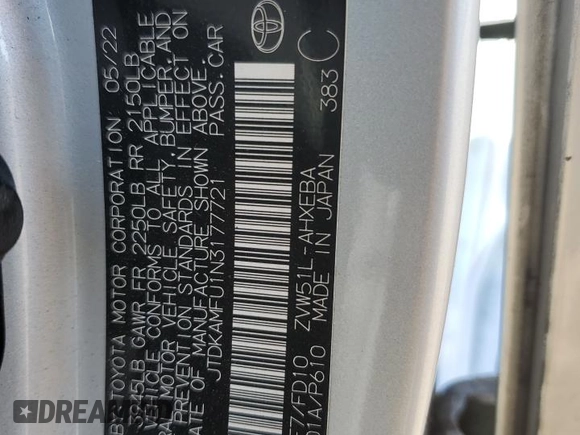 2022 Toyota Prius L Eco с VIN JTDKAMFU1N3177721, выставлен на аукционе Copart как лот 62401865 с пробегом 74 785 миль миль и Списание • Salvage title. История ставок и продаж доступна на DreamBid. Изображение 13.