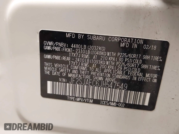 2018 Subaru Forester Premium with VIN JF2SJAEC6JH547549, listed as a IAAI auction lot 42050065 with 86,854 mi miles and . Bid and sale history available at DreamBid. Image 9.