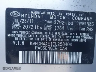 2012 Hyundai Elantra GLS with VIN KMHDH4AE1CU258404, listed as a IAAI auction lot 41766937 with 139,012 mi miles. Bid and sale history available at carsss.com. Image 9.