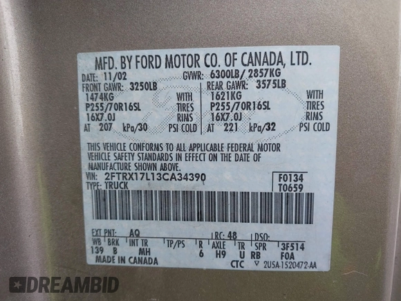 2003 Ford F-150 with VIN 2FTRX17L13CA34390, listed as a IAAI auction lot 41869497 with 114,221 mi miles and . Bid and sale history available at DreamBid. Image 9.