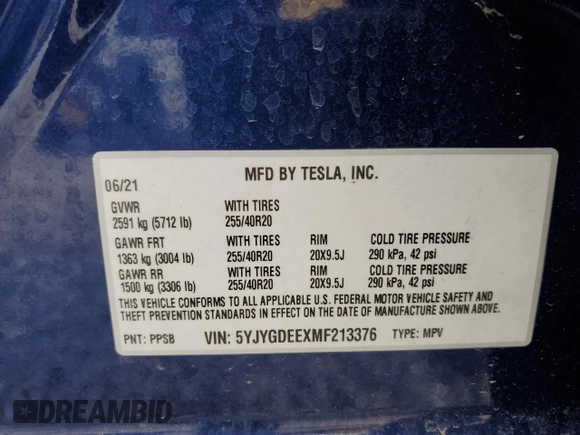 2021 Tesla Model Y Long Range with VIN 5YJYGDEEXMF213376, listed as a Copart auction lot 39659674 with 76,110 mi miles and Salvage Title. Bid and sale history available at DreamBid. Image 13.