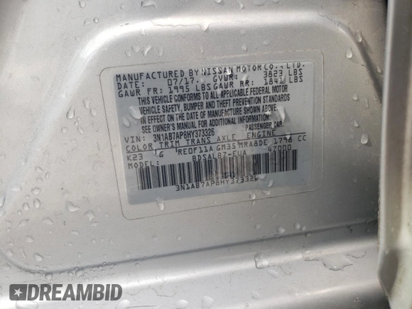 2017 Nissan Sentra S с VIN 3N1AB7AP8HY373326, выставлен на аукционе Copart как лот 58638535 с пробегом 135 248 миль миль и Списание • Salvage title. История ставок и продаж доступна на DreamBid. Изображение 12.