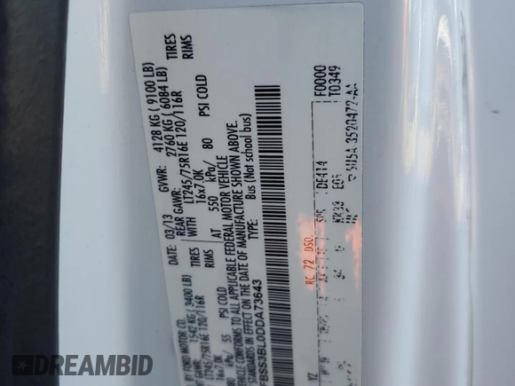2013 Ford Econoline Passenger XL with VIN 1FBSS3BL0DDA73643, listed as a Copart auction lot 83105404 with 375,209 mi miles and Salvage Title. Bid and sale history available at DreamBid. Image 14.