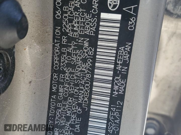 2008 Toyota Prius with VIN JTDKB20U787799182, listed as a Copart auction lot 51949795 with 138,262 mi miles and Salvage Title. Bid and sale history available at DreamBid. Image 14.