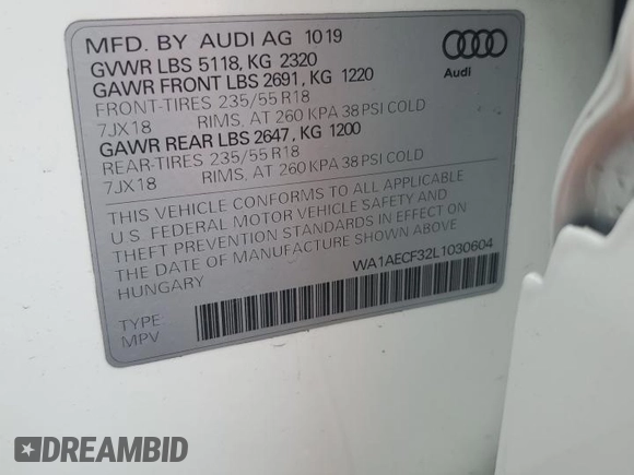 2020 Audi Q3 Premium with VIN WA1AECF32L1030604, listed as a Copart auction lot 57943755 with 61,261 mi miles and Non repairable. Bid and sale history available at DreamBid. Image 13.