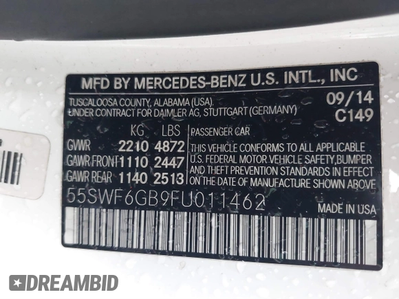 2015 Mercedes-Benz C-Class C 400 with VIN 55SWF6GB9FU011462, listed as a IAAI auction lot 41649304 with 123,915 mi miles. Bid and sale history available at carsss.com. Image 9.