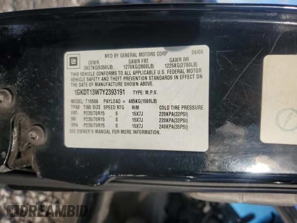 2000 GMC Jimmy SLE Convenience z VIN 1GKDT13W7Y2393191, wystawiony jako Copart lot #82301364 z przebiegiem 160 004 mil mil oraz Czysty tytuł • Clean title. Historia ofert i sprzedaży dostępna na DreamBid. Obrazek 14.