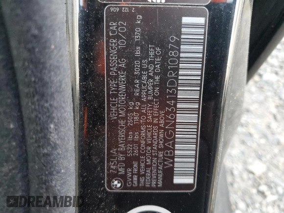 2003 BMW 7 Series 745Li with VIN WBAGN63413DR10879, listed as a Copart auction lot 84245774 with Not Provided miles and Clean Title. Bid and sale history available at DreamBid. Image 12.
