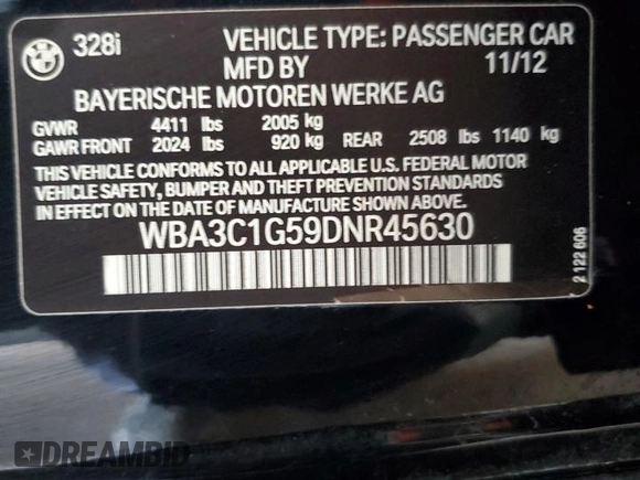 2013 BMW 3 Series 328i with VIN WBA3C1G59DNR45630, listed as a Copart auction lot 54444305 with 105,053 mi miles and Salvage Title. Bid and sale history available at carsss.com. Image 12.