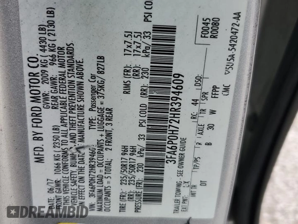 2017 Ford Fusion SE z VIN 3FA6P0H72HR394609, wystawiony jako Copart lot #63386525 z przebiegiem Nie podano mil oraz Szkoda całkowita • Salvage title. Historia ofert i sprzedaży dostępna na DreamBid. Obrazek 12.