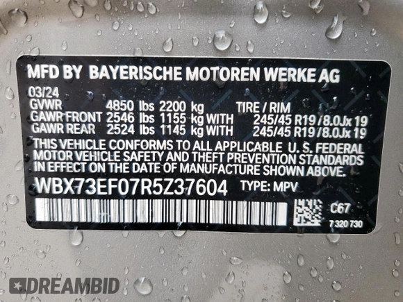 2024 BMW X1 xDrive28i с VIN WBX73EF07R5Z37604, выставлен на аукционе Copart как лот 55157395 с пробегом 9 531 миль миль и Списание • Salvage title. История ставок и продаж доступна на DreamBid. Изображение 13.
