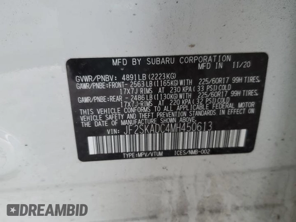 2021 Subaru Forester with VIN JF2SKADC4MH450613, listed as a Copart auction lot 44348035 with 46,567 mi miles and Salvage Title. Bid and sale history available at carsss.com. Image 15.