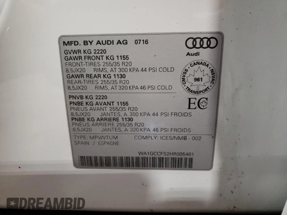 2017 Audi Q3 Prestige with VIN WA1GCCFS2HR005461, listed as a Copart auction lot 37967873 with 128,540 mi miles. Bid and sale history available at carsss.com. Image 13.