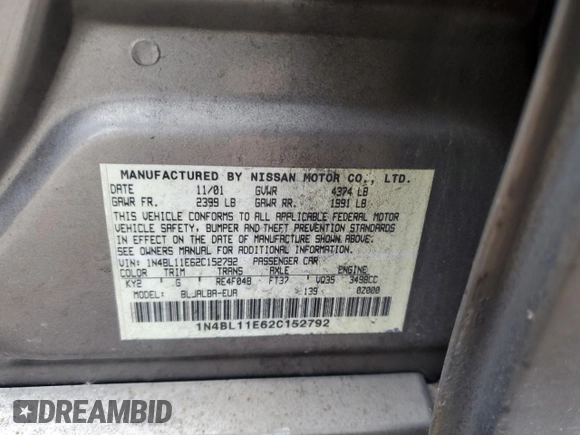 2002 Nissan Altima SE with VIN 1N4BL11E62C152792, listed as a Copart auction lot 84411624 with 0 mi miles and Salvage Title. Bid and sale history available at carsss.com. Image 13.