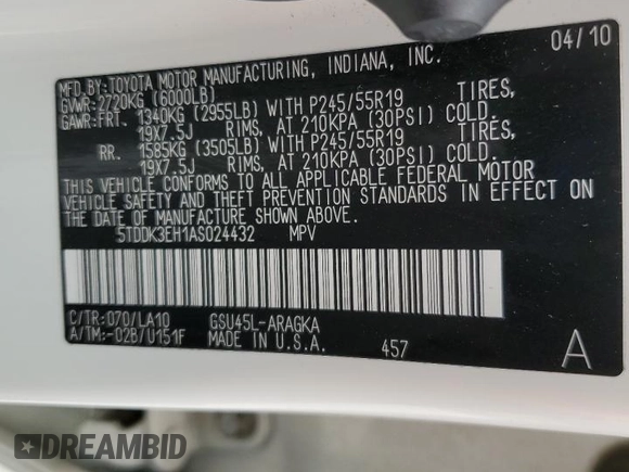 2010 Toyota Highlander Limited with VIN 5TDDK3EH1AS024432, listed as a Copart auction lot 53903575 with 177,763 mi miles and Salvage title. Bid and sale history available at DreamBid. Image 13.