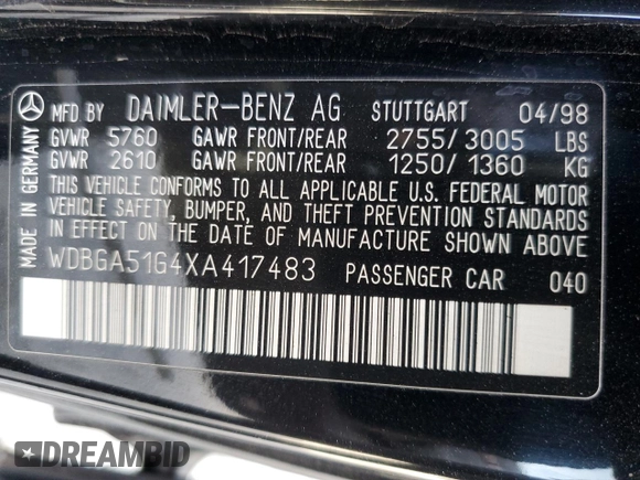 1999 Mercedes-Benz S-Class with VIN WDBGA51G4XA417483, listed as a Copart auction lot 42046195 with 122,033 mi miles and Clean Title. Bid and sale history available at carsss.com. Image 12.