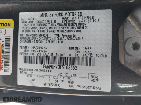 2015 Ford Fusion SE with VIN 1FA6P0H73F5103552, listed as a IAAI auction lot 42250220 with 171,025 mi miles and . Bid and sale history available at DreamBid. Image 9.