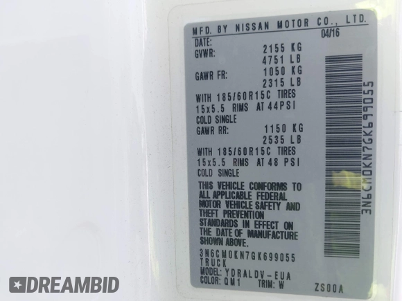 2016 Nissan NV200 S with VIN 3N6CM0KN7GK699055, listed as a IAAI auction lot 42393924 with 50,580 mi miles and . Bid and sale history available at DreamBid. Image 9.