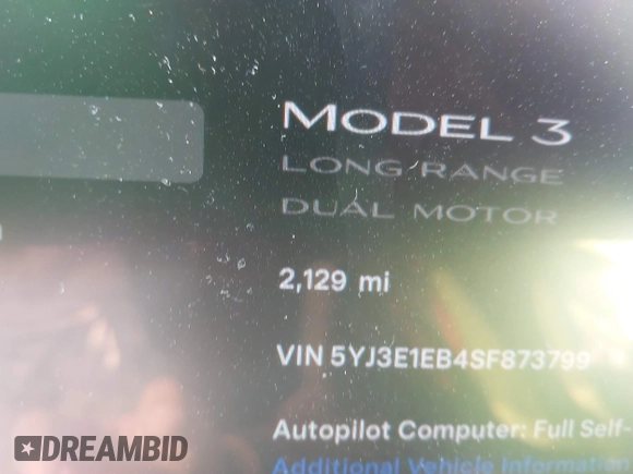 2025 Tesla Model 3 Long Range with VIN 5YJ3E1EB4SF873799, listed as a IAAI auction lot 41548818 with 2,129 mi miles and . Bid and sale history available at DreamBid. Image 15.