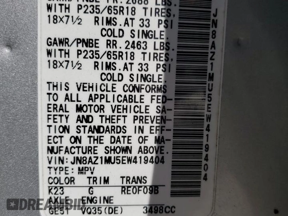 2014 Nissan Murano LE z VIN JN8AZ1MU5EW419404, wystawiony jako Copart lot #49794815 z przebiegiem 98 881 mil mil oraz Czysty tytuł • Clean title. Historia ofert i sprzedaży dostępna na DreamBid. Obrazek 12.