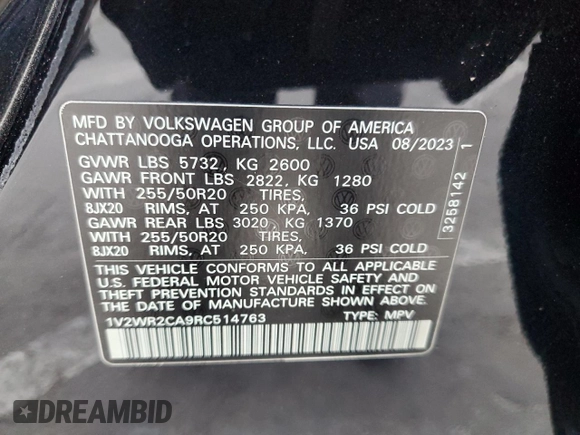 2024 Volkswagen Atlas SE with VIN 1V2WR2CA9RC514763, listed as a Copart auction lot 88169765 with 39,144 mi miles and Salvage title. Bid and sale history available at DreamBid. Image 16.
