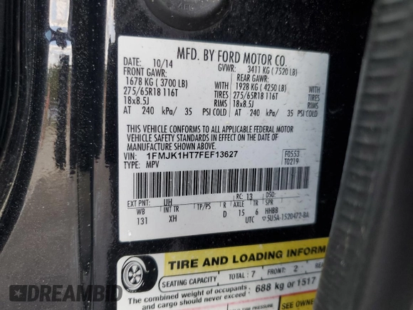 2015 Ford Expedition Max XLT with VIN 1FMJK1HT7FEF13627, listed as a Copart auction lot 51187075 with 215,325 mi miles and Salvage title. Bid and sale history available at DreamBid. Image 13.