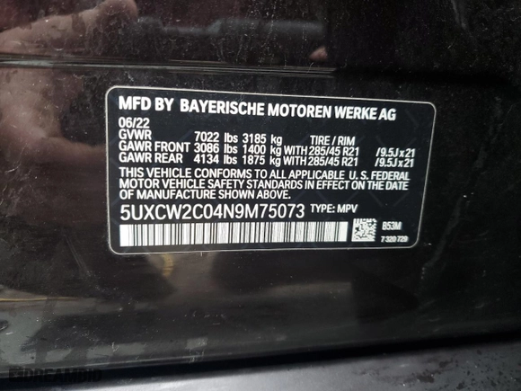 2022 BMW X7 xDrive40i with VIN 5UXCW2C04N9M75073, listed as a Copart auction lot 46825545 with 59,671 mi miles and Non Repairable. Bid and sale history available at carsss.com. Image 13.