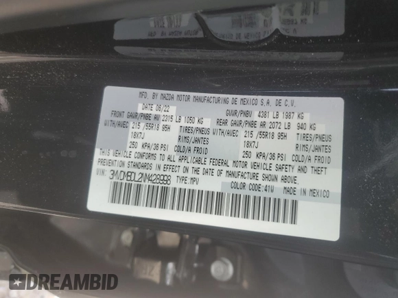 2022 Mazda CX-30 S Premium with VIN 3MVDMBDL2NM428998, listed as a Copart auction lot 57803465 with 49,090 mi miles and Salvage title. Bid and sale history available at DreamBid. Image 14.