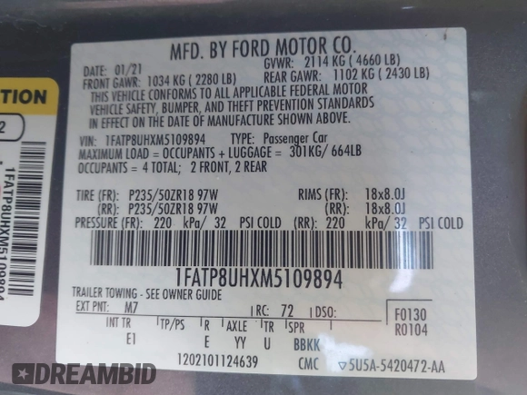 2021 Ford Mustang EcoBoost with VIN 1FATP8UHXM5109894, listed as a IAAI auction lot 41380170 with 88,983 mi miles and . Bid and sale history available at carsss.com. Image 9.