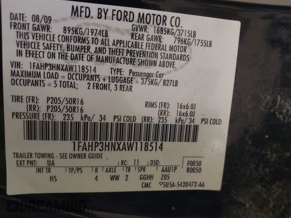 2010 Ford Focus SEL with VIN 1FAHP3HNXAW118514, listed as a IAAI auction lot 41891937 with 118,590 mi miles. Bid and sale history available at carsss.com. Image 9.