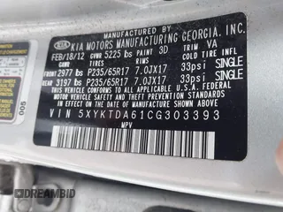 2012 Kia Sorento LX with VIN 5XYKTDA61CG303393, listed as a IAAI auction lot 41137220 with 123,474 mi miles. Bid and sale history available at carsss.com. Image 9.