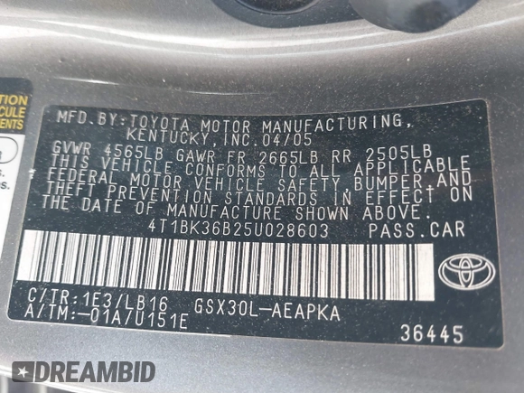 2005 Toyota Avalon XL with VIN 4T1BK36B25U028603, listed as a IAAI auction lot 41832427 with 154,495 mi miles and . Bid and sale history available at DreamBid. Image 9.