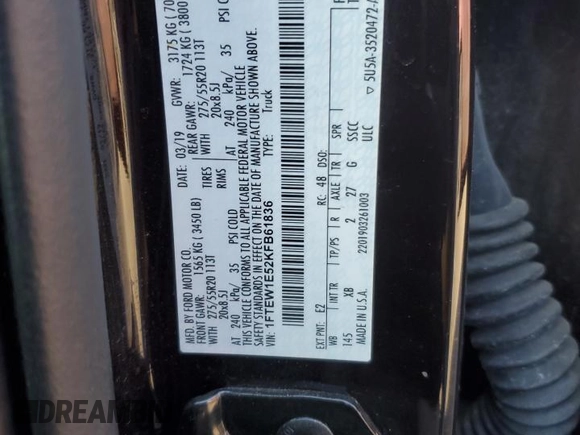 2019 Ford F-150 XL with VIN 1FTEW1E52KFB61836, listed as a Copart auction lot 46679095 with 83,989 mi miles and Salvage Title. Bid and sale history available at carsss.com. Image 14.