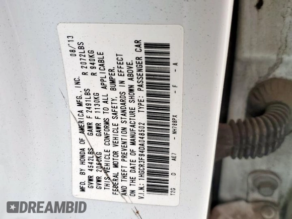 2013 Honda Accord Touring with VIN 1HGCR3F94DA048502, listed as a Copart auction lot 56619655 with 148,084 mi miles and Salvage title. Bid and sale history available at DreamBid. Image 12.