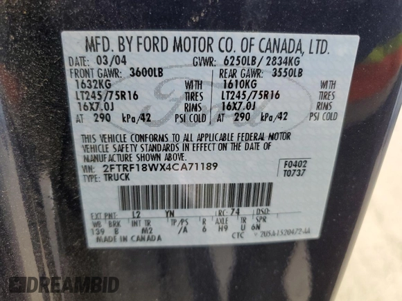 2004 Ford F-150 XL z VIN 2FTRF18WX4CA71189, wystawiony jako Copart lot #43083775 z przebiegiem 95 146 mil mil oraz Szkoda całkowita • Salvage title. Historia ofert i sprzedaży dostępna na DreamBid. Obrazek 12.