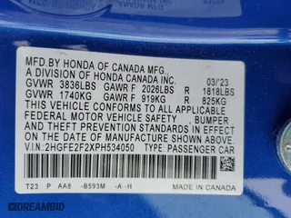 2023 Honda Civic Sedan LX with VIN 2HGFE2F2XPH534050, listed as a Copart auction lot 44612855 with 19,076 mi miles and Salvage Title. Bid and sale history available at carsss.com. Image 14.