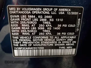 2021 Volkswagen Atlas SEL with VIN 1V2BP2CA9MC557058, listed as a Copart auction lot 40885974 with 50,966 mi miles and . Bid and sale history available at DreamBid. Image 13.