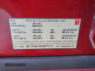 2013 Tesla Model S with VIN 5YJSA1AG5DFP12177, listed as a Copart auction lot 61846195 with 130,668 mi miles and Salvage title. Bid and sale history available at DreamBid. Image 12.