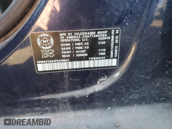 2015 Volkswagen Passat with VIN 1VWAV7A31FC078847, listed as a Copart auction lot 47265955 with 189,496 mi miles and Non repairable. Bid and sale history available at DreamBid. Image 12.