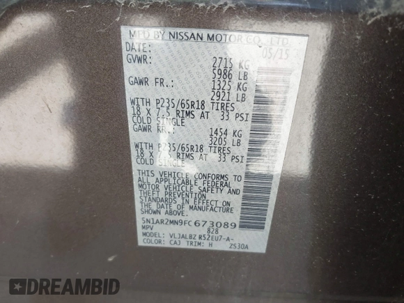 2015 Nissan Pathfinder SV with VIN 5N1AR2MN9FC673089, listed as a IAAI auction lot 42252431 with Not provided miles and . Bid and sale history available at DreamBid. Image 9.