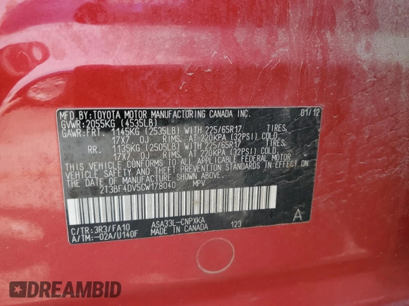 2012 Toyota RAV4 z VIN 2T3BF4DV5CW178040, wystawiony jako Copart lot #56572305 z przebiegiem 165 902 mil mil oraz Czysty tytuł • Clean title. Historia ofert i sprzedaży dostępna na DreamBid. Obrazek 13.