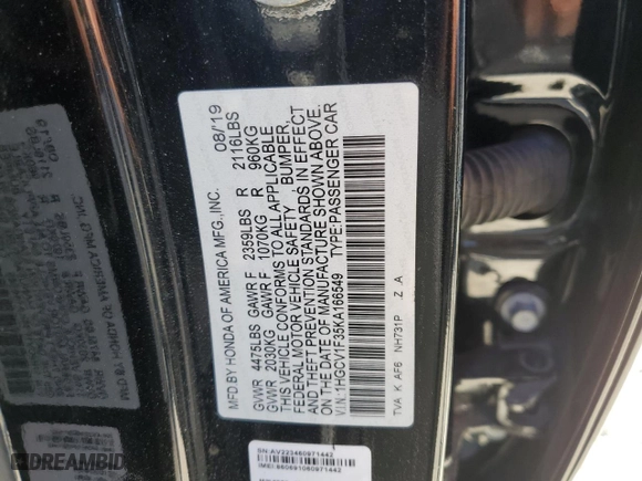 2019 Honda Accord Sedan Sport 1.5T with VIN 1HGCV1F35KA166549, listed as a Copart auction lot 49227635 with 83,938 mi miles and Clean Title. Bid and sale history available at carsss.com. Image 12.