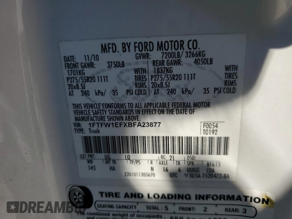 2011 Ford F-150 XL с VIN 1FTFW1EFXBFA23877, выставлен на аукционе Copart как лот 62494375 с пробегом 166 322 миль миль и Чистый • Clean title. История ставок и продаж доступна на DreamBid. Изображение 12.