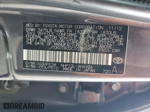 2012 Toyota Prius c One with VIN JTDKDTB32C1028595, listed as a Copart auction lot 53305535 with Not Provided miles and Salvage Title. Bid and sale history available at carsss.com. Image 12.