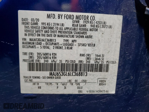 2020 Ford EcoSport SE with VIN MAJ6S3GL6LC368813, listed as a Copart auction lot 53084445 with 73,016 mi miles and Salvage Title. Bid and sale history available at carsss.com. Image 15.