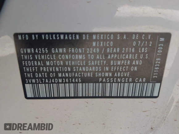 2013 Volkswagen Jetta TDI w/Premium with VIN 3VW3L7AJ4DM361445, listed as a IAAI auction lot 41735571 with 133,894 mi miles and . Bid and sale history available at DreamBid. Image 9.