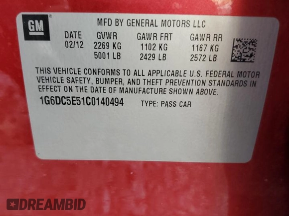 2012 Cadillac CTS with VIN 1G6DC5E51C0140494, listed as a Copart auction lot 67855004 with 171,528 mi miles and Salvage Title. Bid and sale history available at DreamBid. Image 12.
