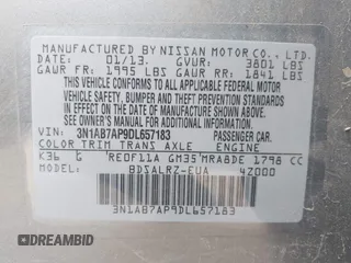 2013 Nissan Sentra SR z VIN 3N1AB7AP9DL657183, wystawiony jako IAAI lot #42283357 z przebiegiem 109 077 mil mil oraz . Historia ofert i sprzedaży dostępna na DreamBid. Obrazek 9.